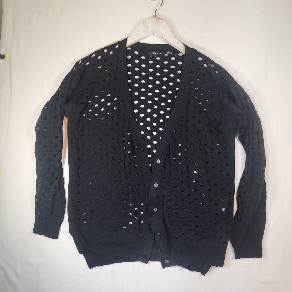 Dex whimsigoth Black Perforated Open Knit Cardigan Button Up Distressed Sweater